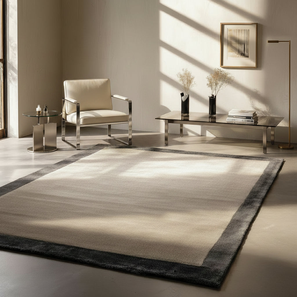 Border Area Rug in Silk & Lyocell with Dark Brown border