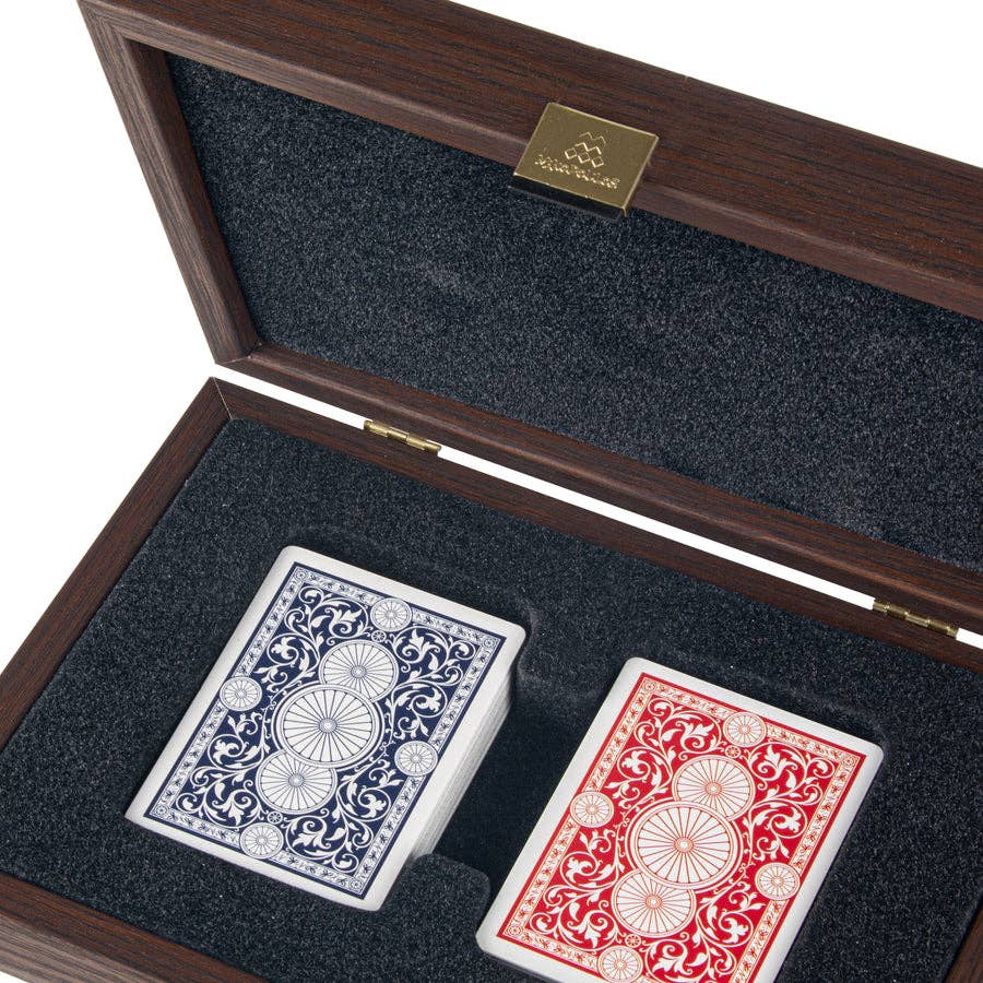 Playing Cards in Leather Tote & Wooden Case