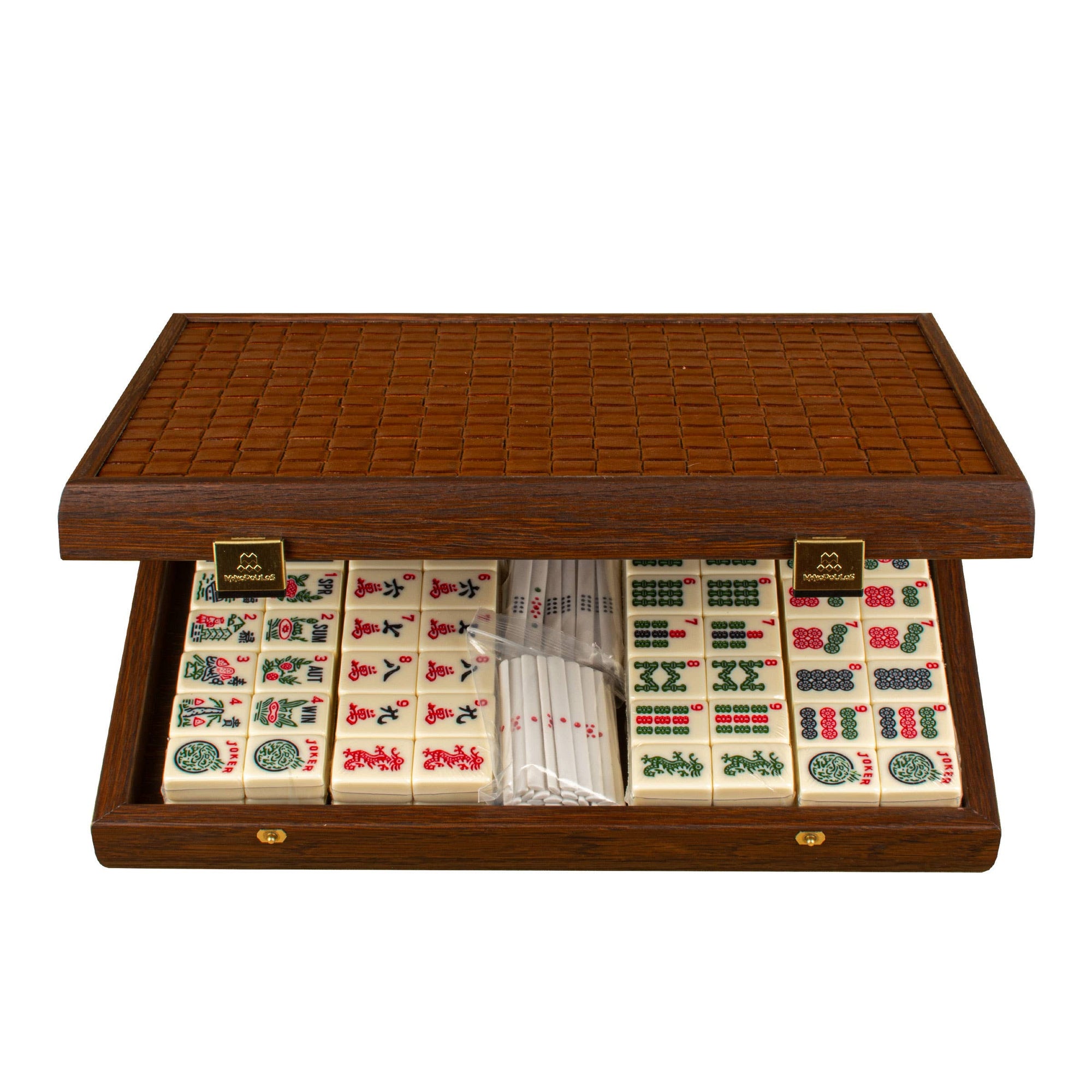 Premium Mahjong Tiles Set in Knitted Leather Wooden Case: Medium (31 x 24cm)