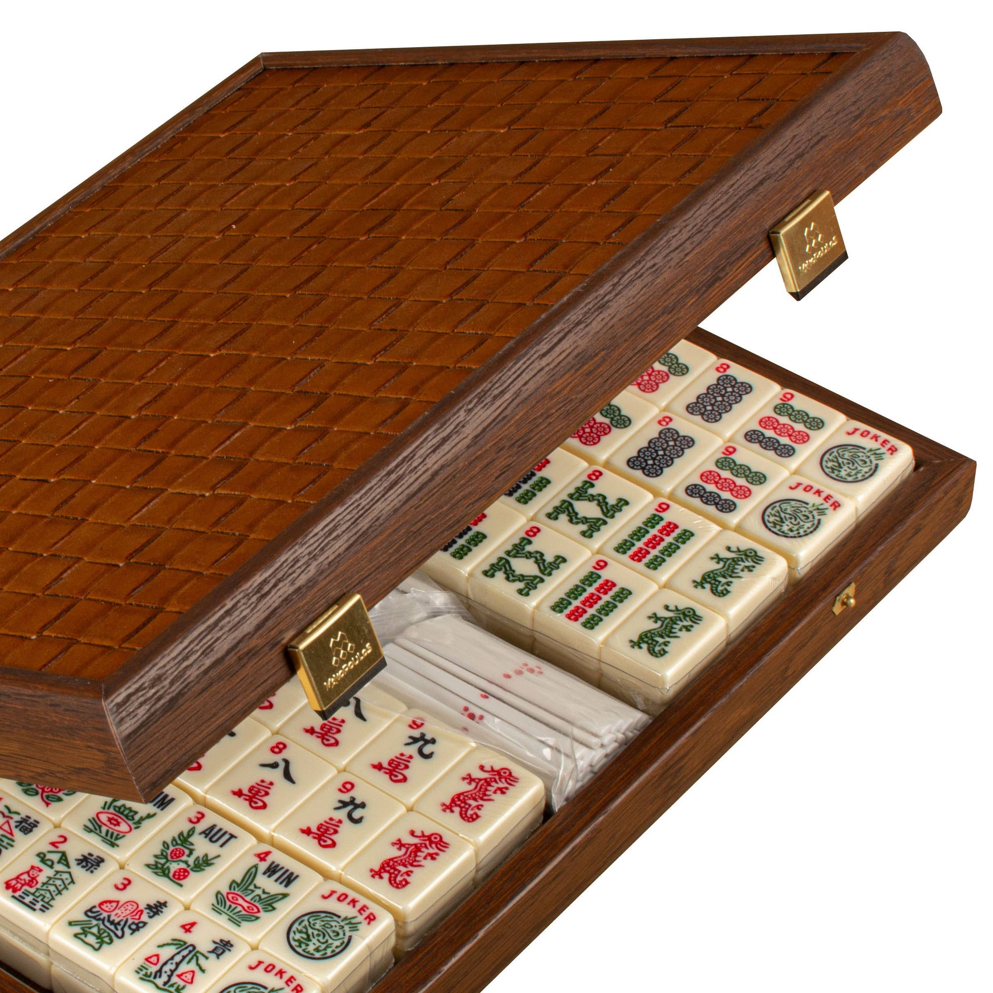 Premium Mahjong Tiles Set in Knitted Leather Wooden Case: Medium (31 x 24cm)