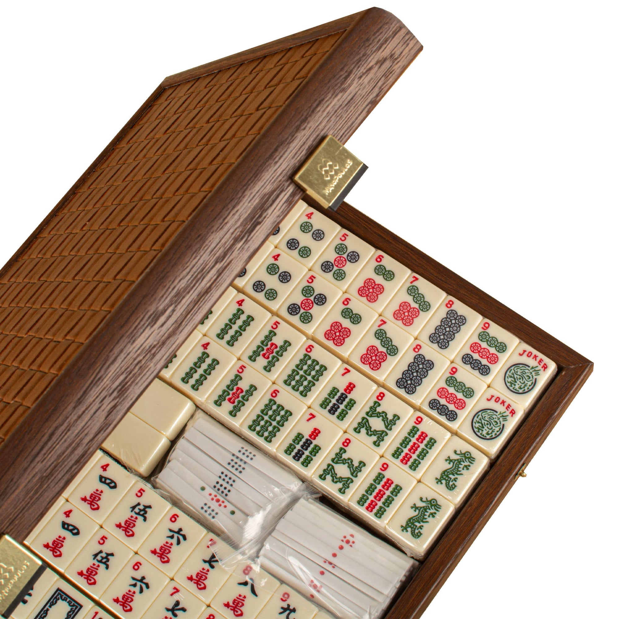 Premium Mahjong Tiles Set in Knitted Leather Wooden Case: Medium (31 x 24cm)
